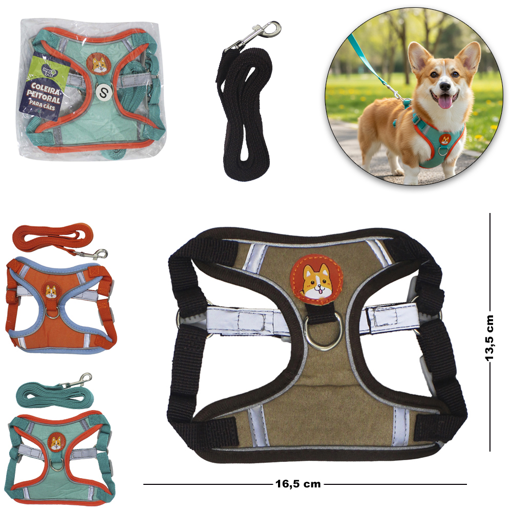 GUIA 150X1,5CM COM COLEIRA PEITORAL PARA CACHORRO PEQUENO 16,5X13,5CM IMPO PET