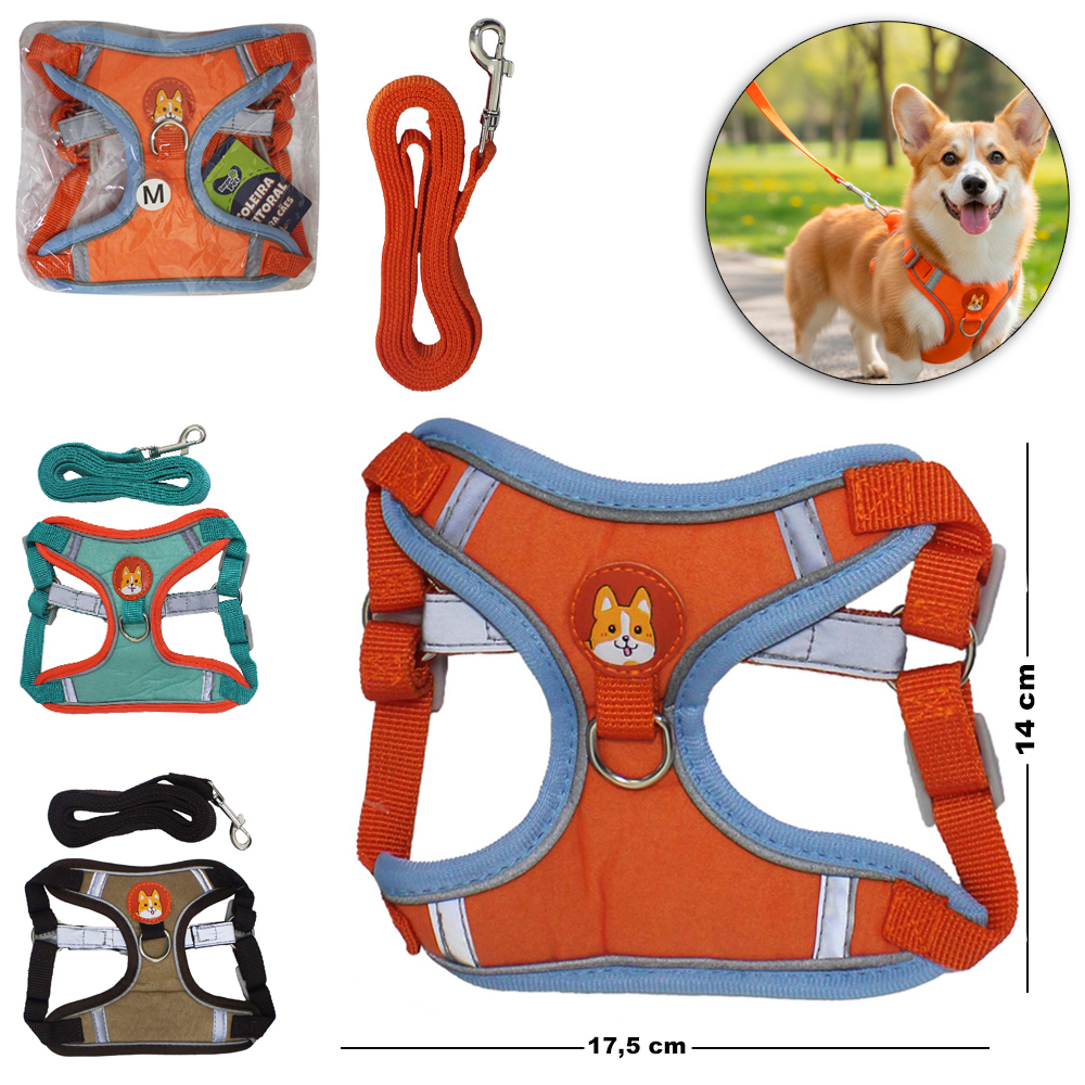 GUIA 150X1,5CM COM COLEIRA PEITORAL PARA CACHORRO MEDIO 17,5X14CM IMPO PET