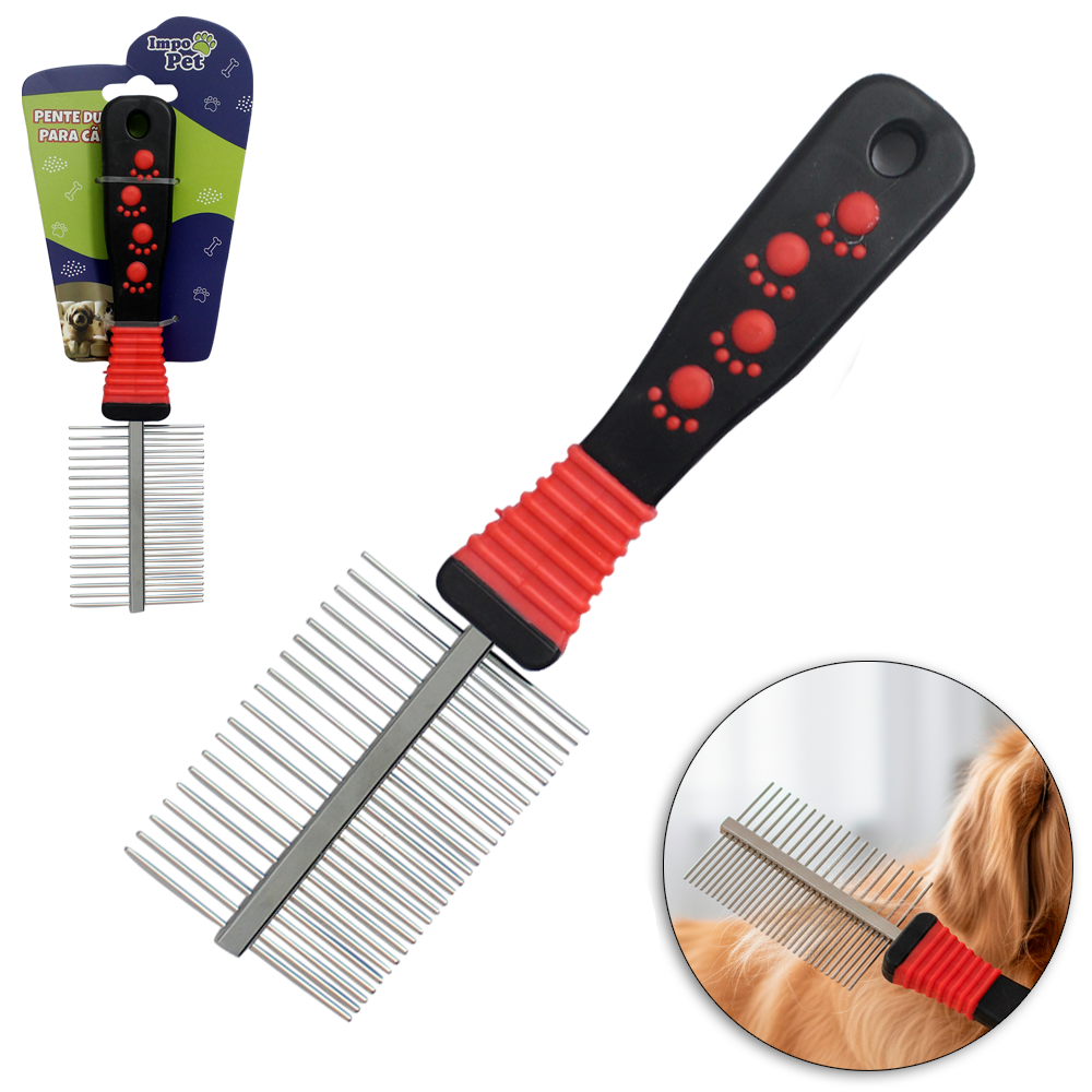 PENTE DE METAL DESEMBOLADOR DUPLO PARA CACHORRO E GATO CABO PLASTICO 20CM IMPO PET