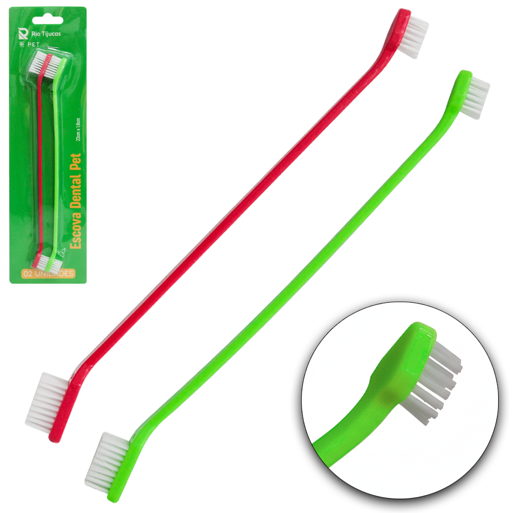 ESCOVA DENTAL DUPLA PARA CACHORRO E GATO CABO PLASTICO 2 PECAS 22CM 