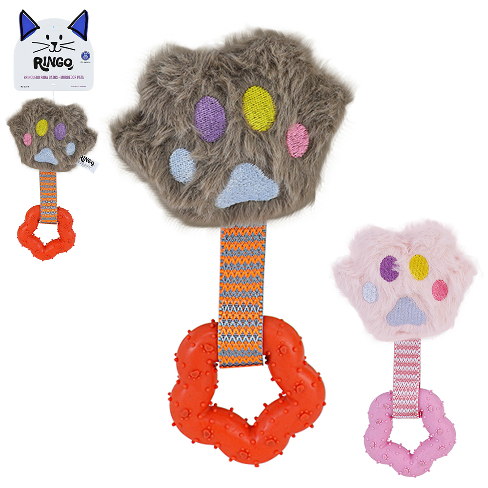 BRINQUEDO MORDEDOR PARA GATO PATA DE PELUCIA COM SOM + ESTRELA DE BORRACHA MACICO 20X10X4CM