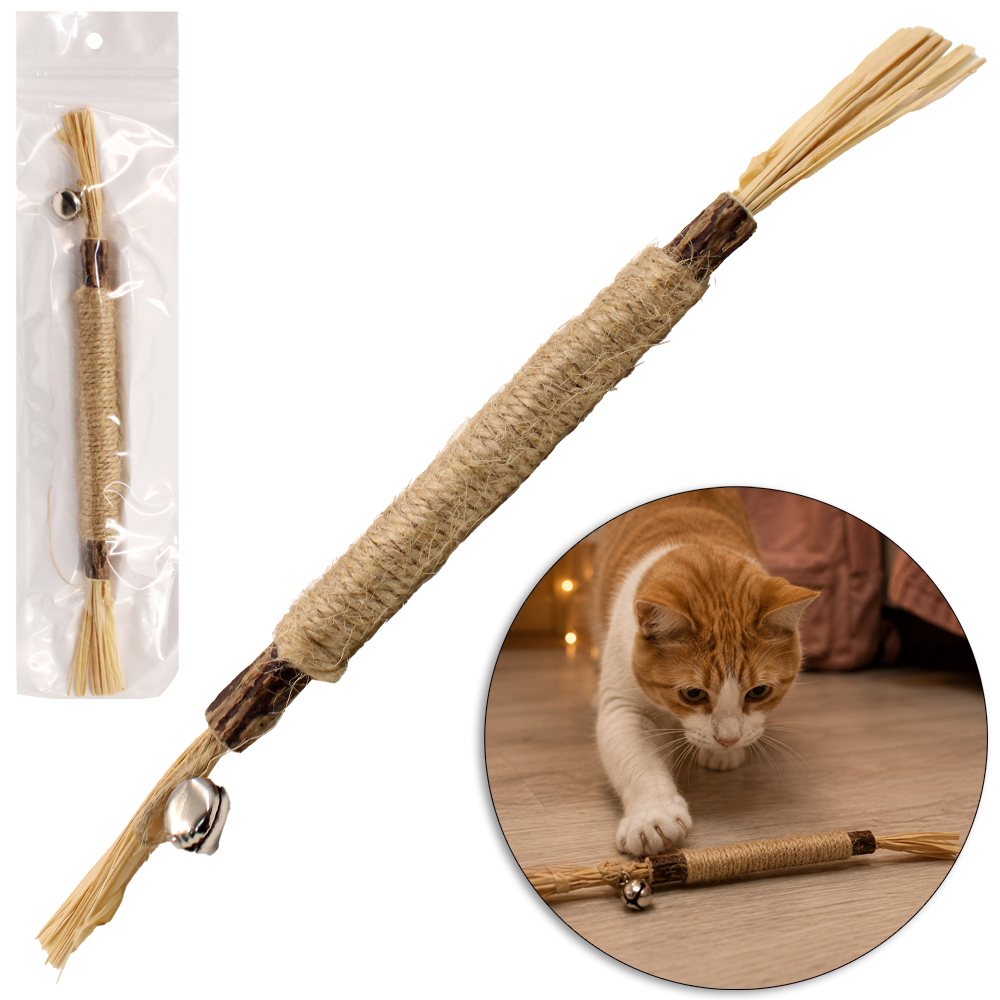 BRINQUEDO PARA GATO BASTAO RAFIA SECA E DE CORDA COM GUIZO 21CM IMPO PET