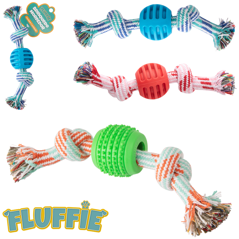 BRINQUEDO MORDEDOR PARA CACHORRO CORDA COM 2 NO + BOLA DE BORRACHA FLUFFIE 21X4,5CM