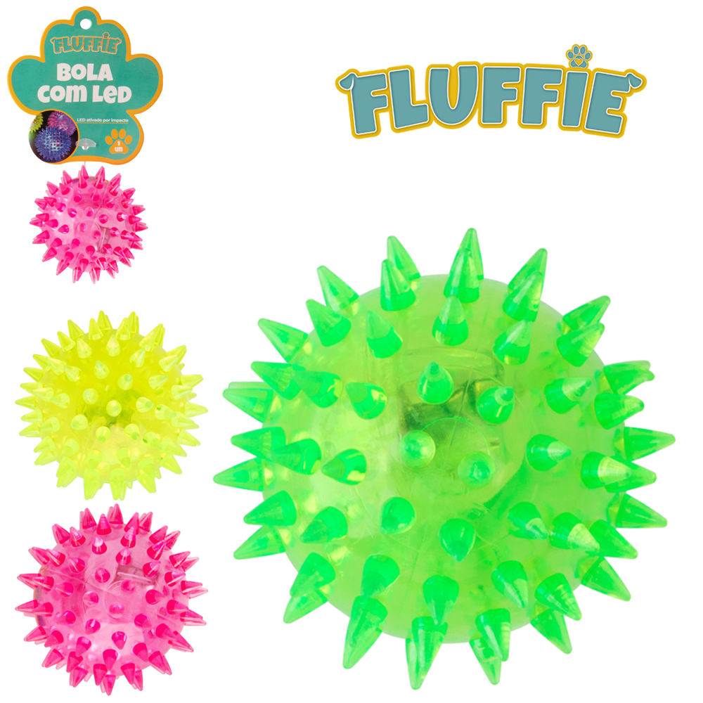 BRINQUEDO PARA CACHORRO BOLA ESPINHO DE BORRACHA COM LUZ A BATERIA FLUFFIE 5,5CM DE Ø