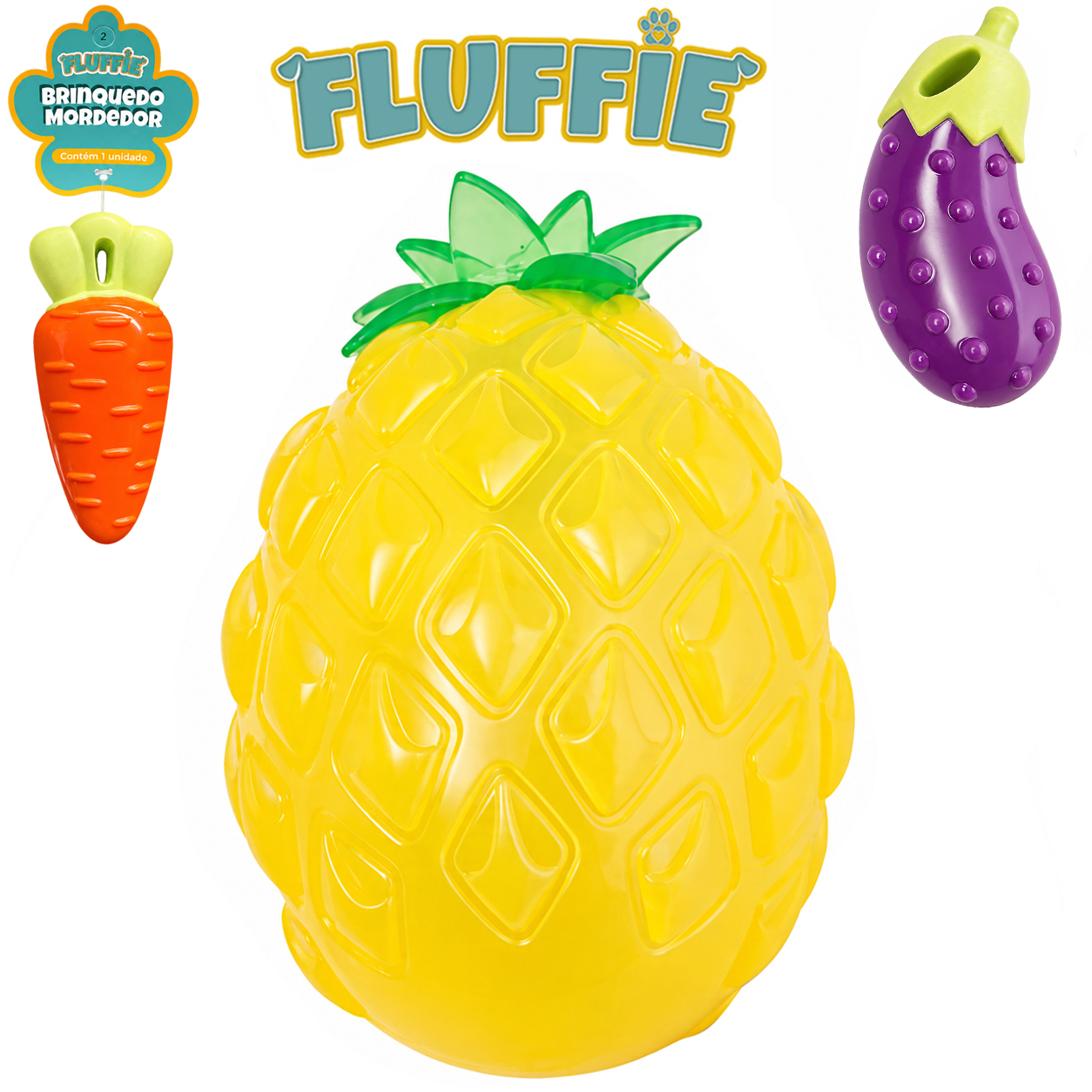 BRINQUEDO MORDEDOR PARA CACHORRO ABACAXI / CENOURA / BERINJELA DE BORRACHA COM SOM / LUZ A BATERIA FLUFFIE