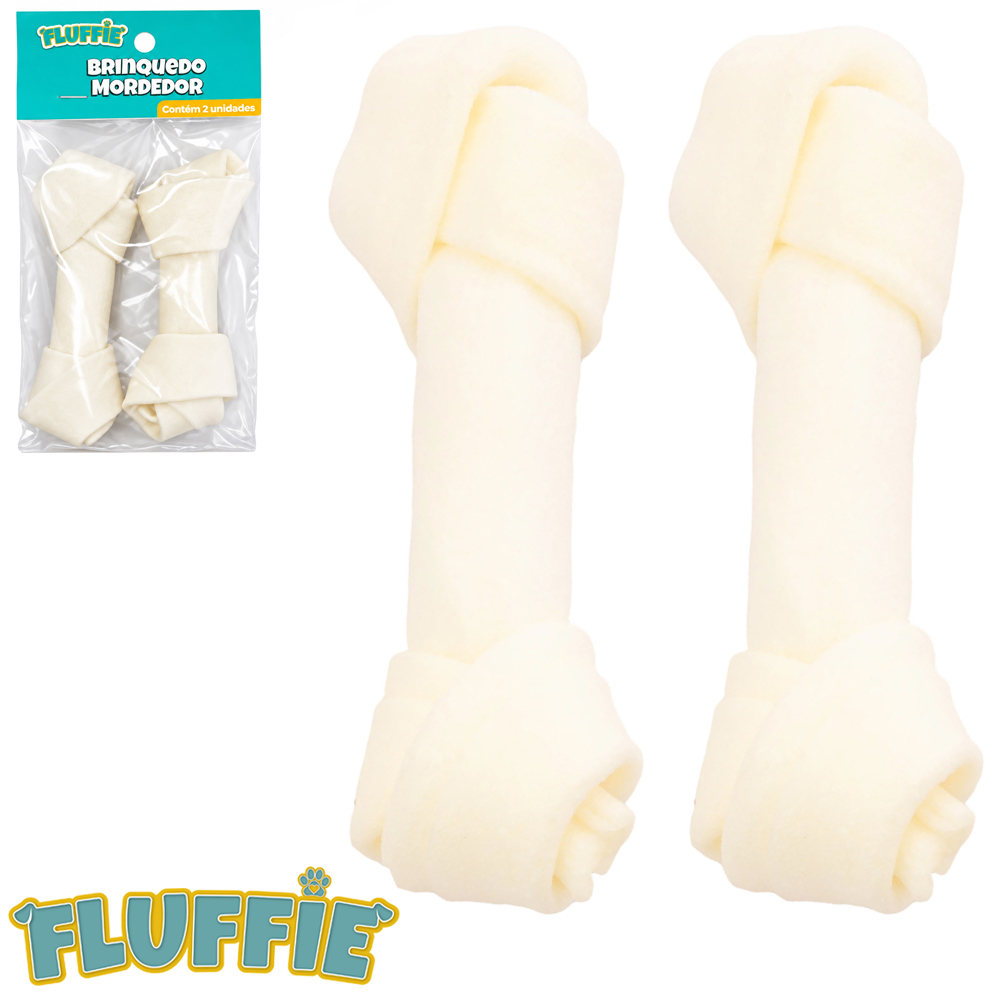 BRINQUEDO MORDEDOR PARA CACHORRO OSSO COURO DE VACA FLUFFIE COM 2 PECAS 11,7X3,7X2,6CM