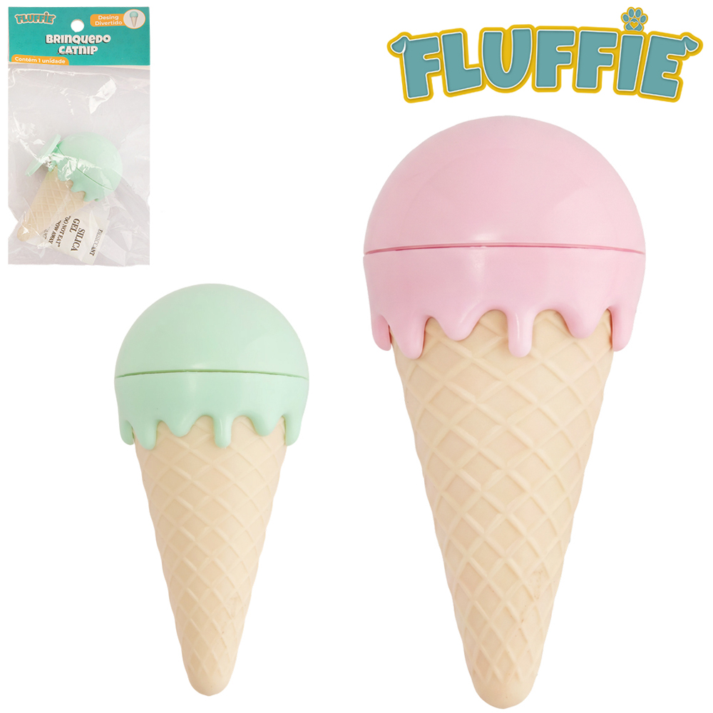 BRINQUEDO PARA GATO SORVETE DE PLASTICO COM CATNIP + AUTOADESIVO FLUFFIE 8X4X3,5CM