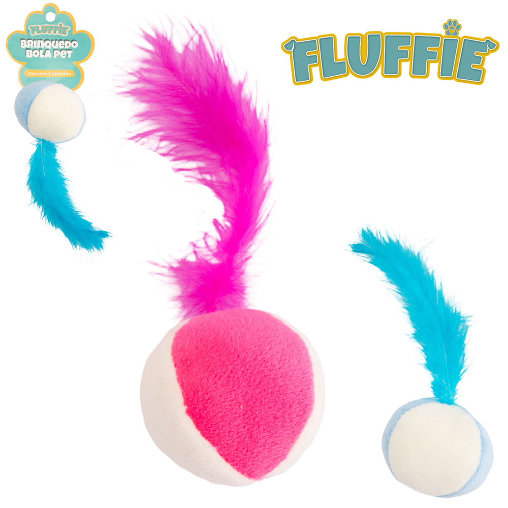 BRINQUEDO PARA GATO BOLA COM GUIZO + PENA FLUFFIE 12X5CM DE Ø 