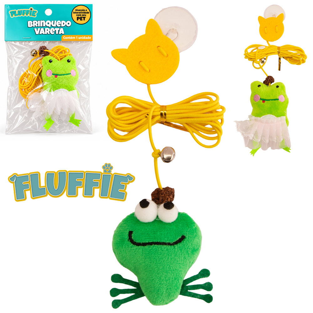BRINQUEDO VARETA PARA GATO COM SAPO DE PELUCIA + GUIZO E AUTOADESIVO FLUFFIE