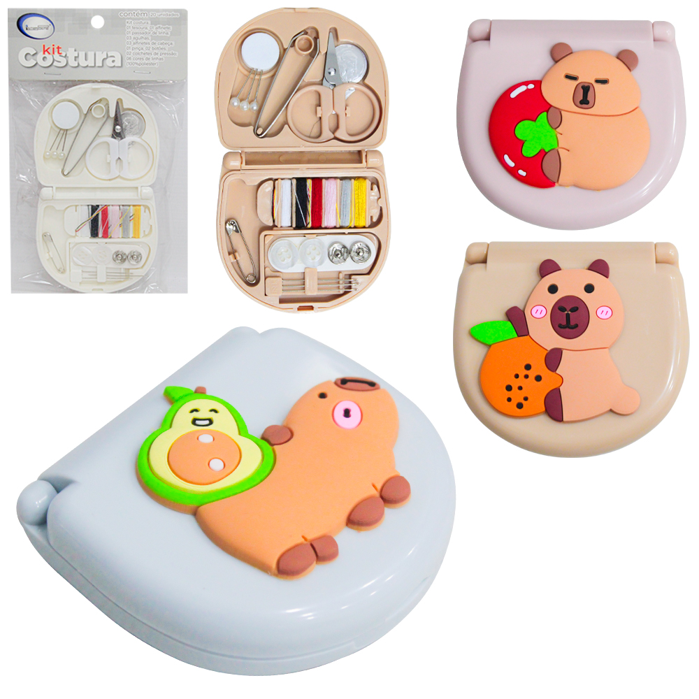 KIT COSTURA NO ESTOJO COM 3 AGULHAS + 6 LINHAS E ACESSORIOS CAPIVARA 20 PECAS