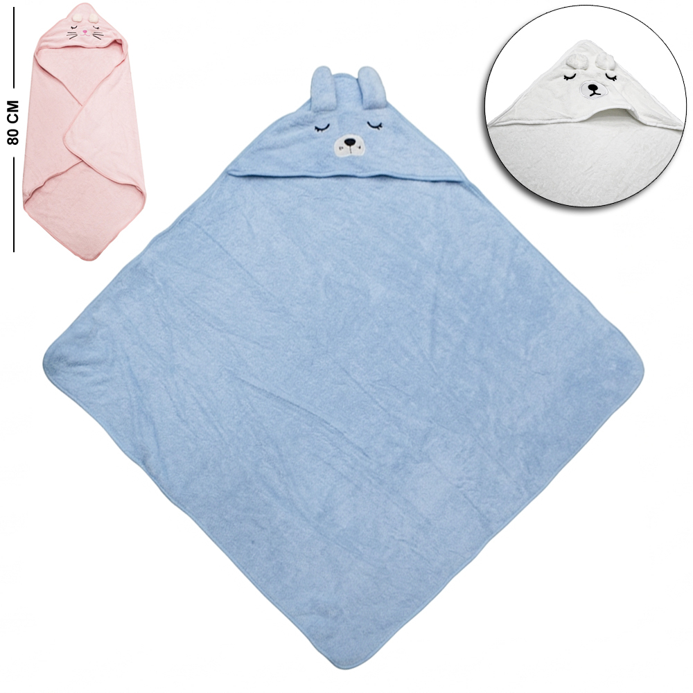 TOALHA DE BANHO INFANTIL DE POLIESTER COM CAPUZ BICHINHO 80X80CM