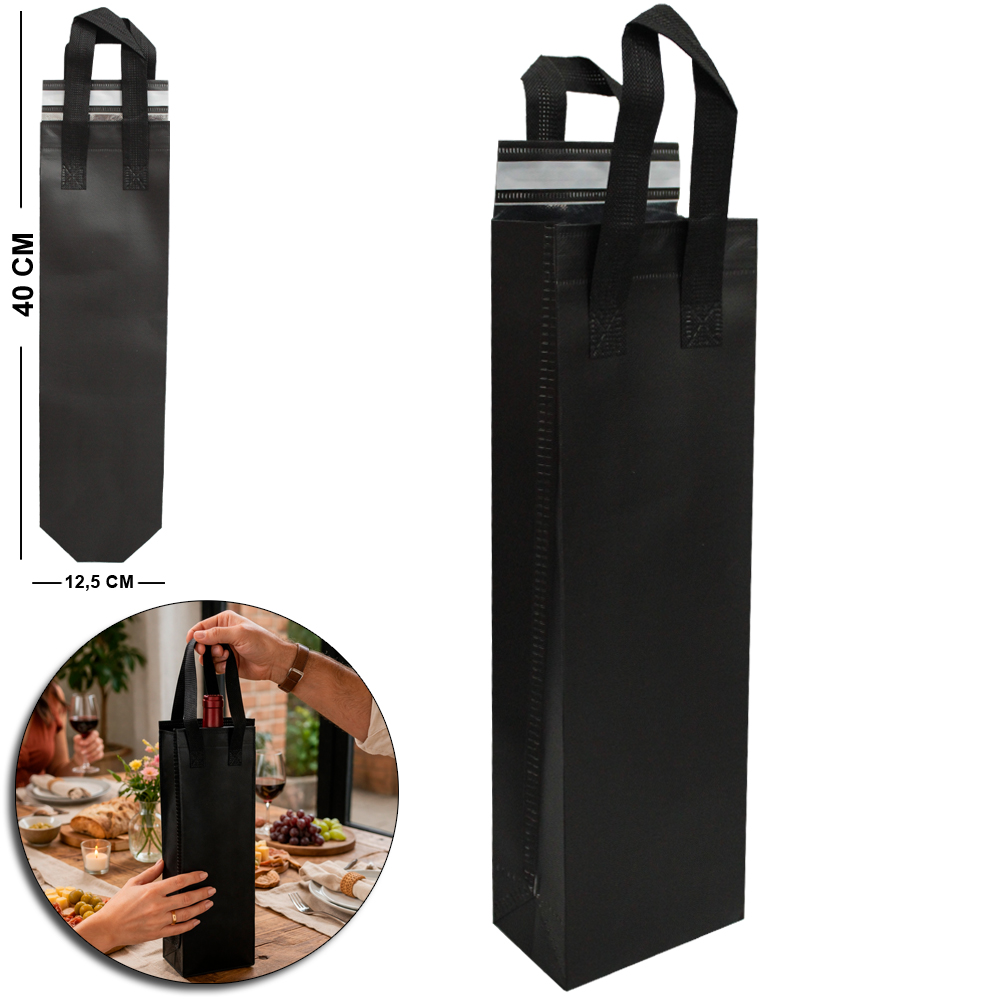 SACOLA TERMICA RETANGULAR ALONGADA COM AUTOADESIVO + ALCA TNT PRETA 4L 40X12,5X8CM