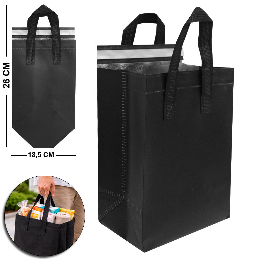 SACOLA TERMICA RETANGULAR PEQUENA COM AUTOADESIVO + ALCA TNT PRETA 6,4L 26X18,5X13CM