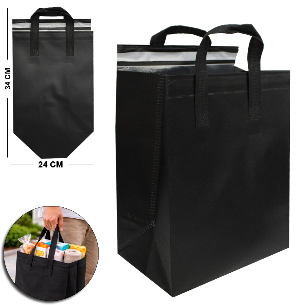 SACOLA TERMICA RETANGULAR MEDIA COM AUTOADESIVO + ALCA TNT PRETA 11,5L