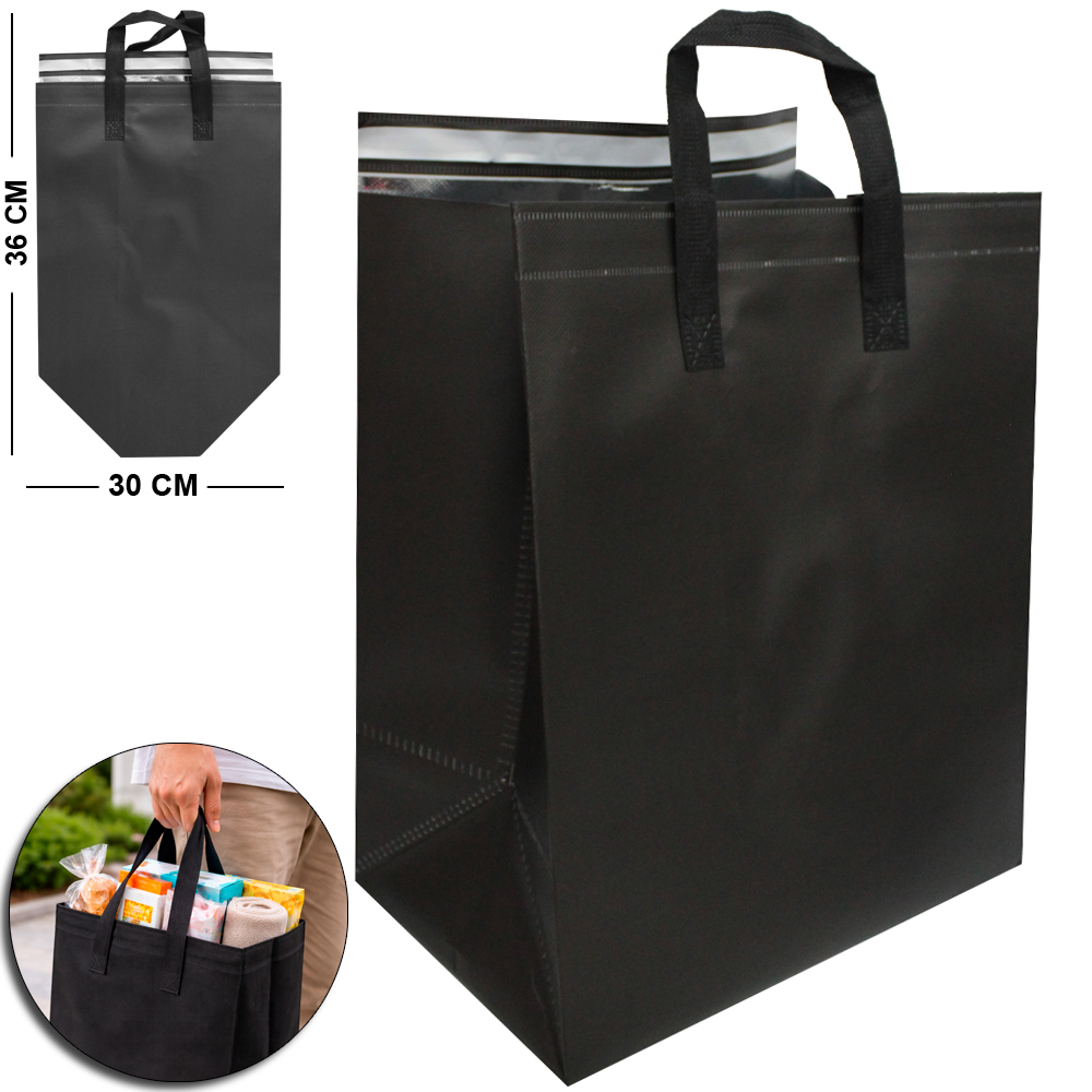 SACOLA TERMICA RETANGULAR GRANDE COM AUTOADESIVO + ALCA TNT PRETA 21,6L 36X30X20CM