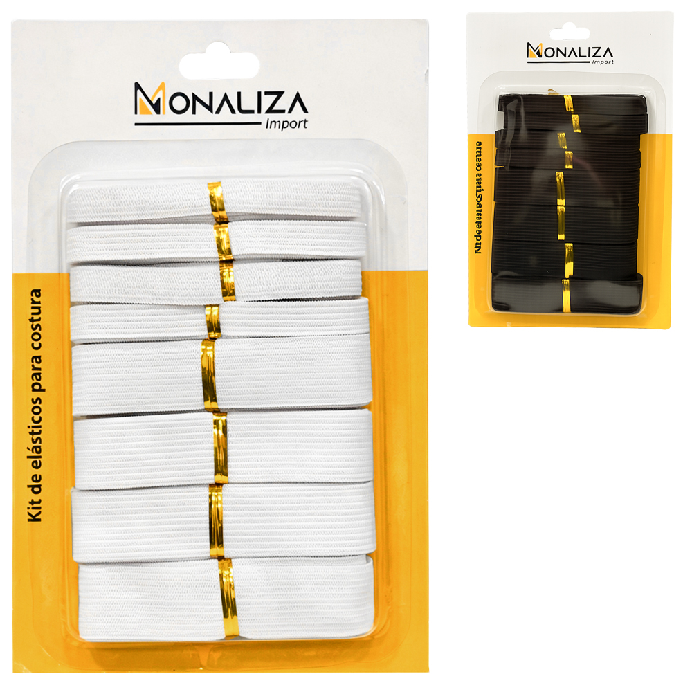 KIT DE ELASTICO CHATO PARA COSTURA PRETO / BRANCO 8 PECAS