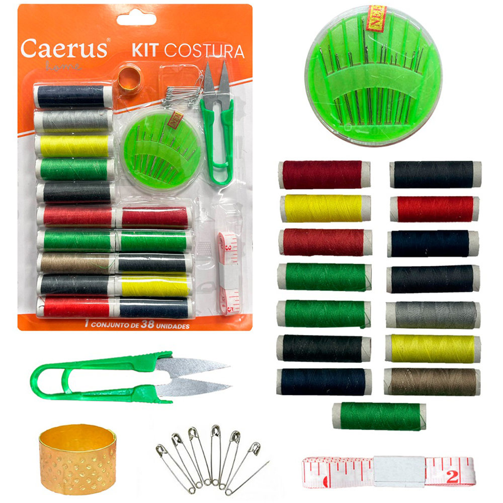 KIT COSTURA CARTELA COM 10 AGULHAS + 15 LINHAS E ACESSORIOS 38 PECAS