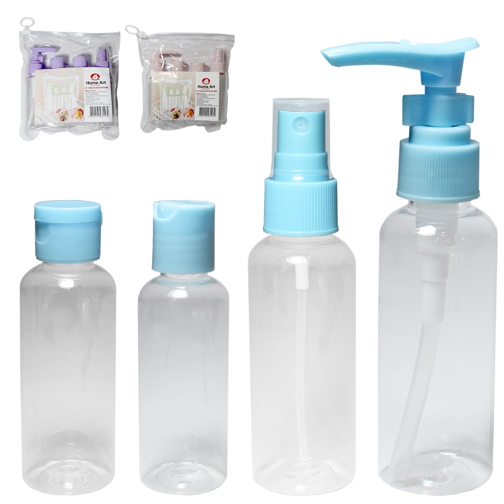 KIT FRASCO DE PLASTICO PARA VIAGEM COM 4 PECAS 60ML NA BOLSA