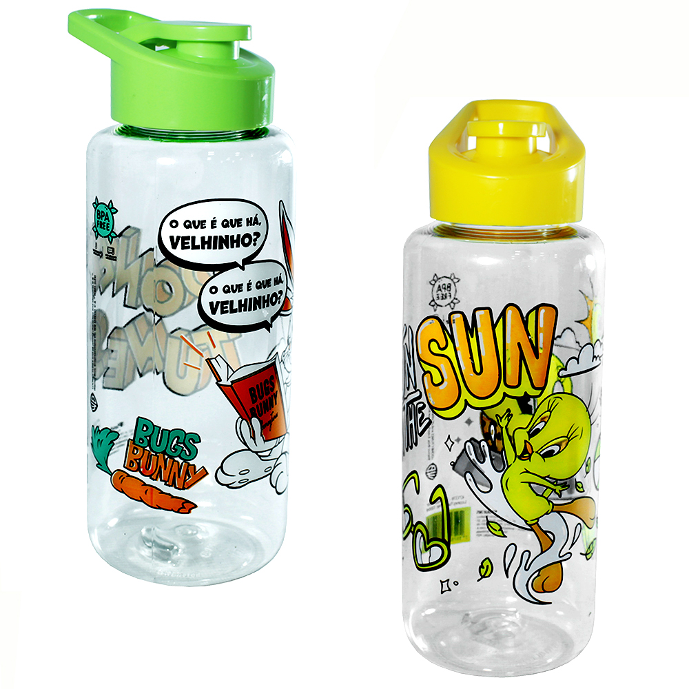 GARRAFA SQUEEZE DE PLASTICO PET BODY LOONEY TUNES COM TAMPA E ALCA 1L