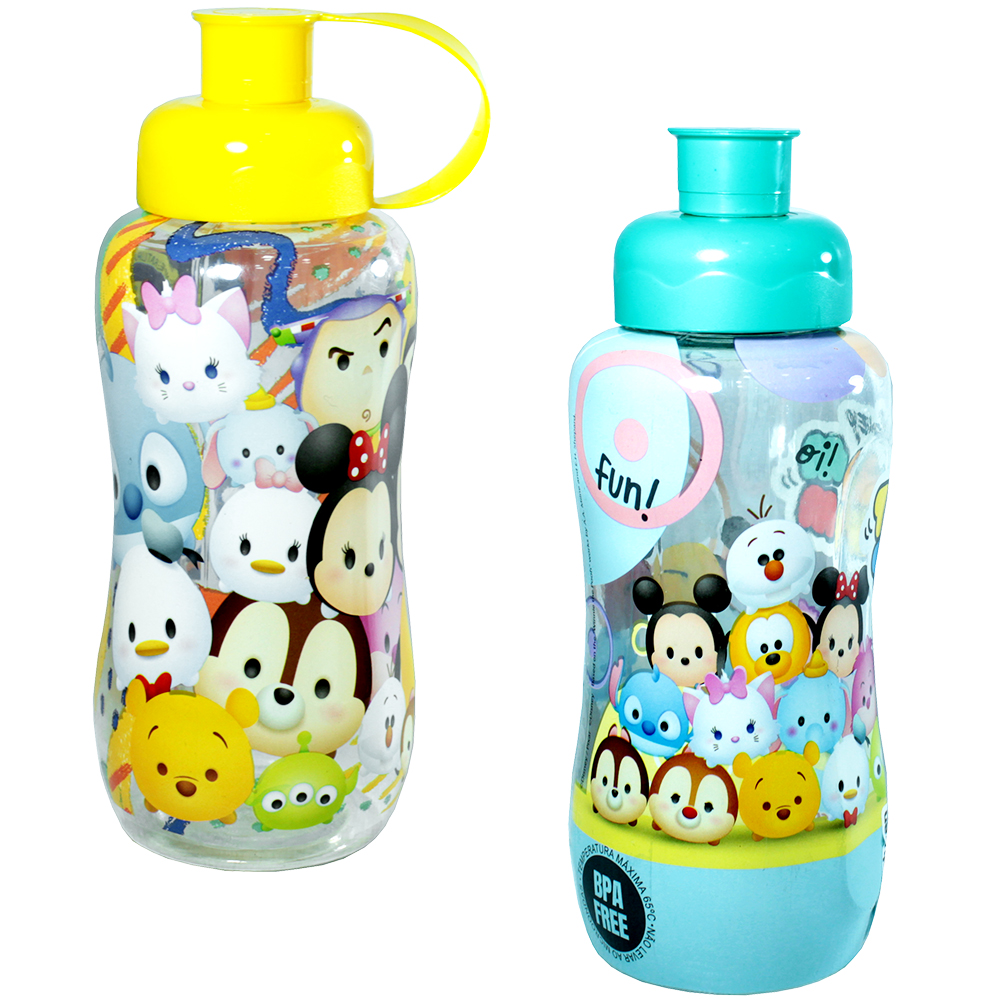 GARRAFA SQUEEZE SLEEVE DE PLASTICO PET TSUM TSUM COM TAMPA E ALCA 550ML