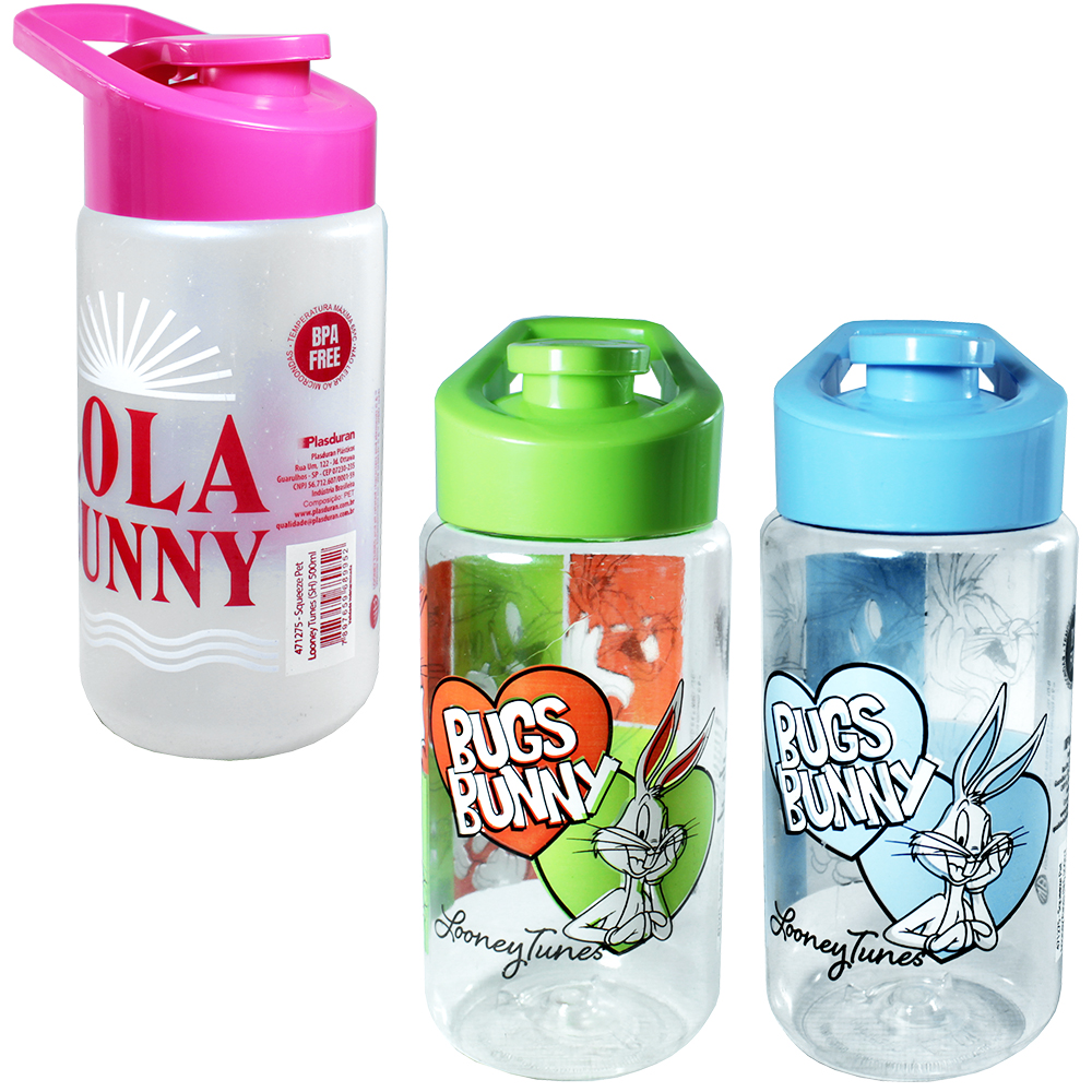 GARRAFA SQUEEZE DE PLASTICO PET LOONEY TUNES COM TAMPA E ALCA 500ML