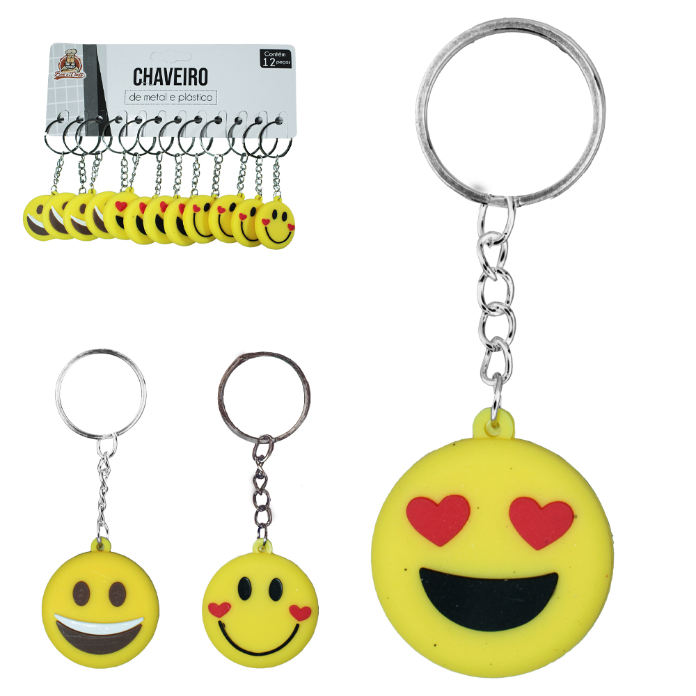 CHAVEIRO EMBORRACHADO EMOTICONS COM 12 PECAS 3CM DE Ø