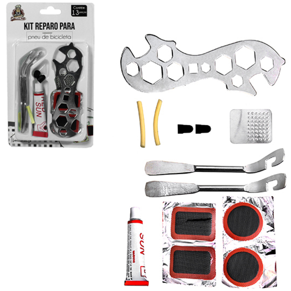 KIT REPARO PARA PNEU DE BICICLETA COM CHAVE BOLA / BOCA + COLA E ACESSORIOS 13 PECAS