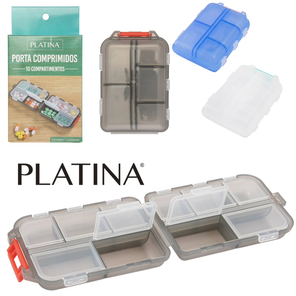 PORTA COMPRIMIDO DE PLASTICO RETANGULAR COM 10 COMPARTIMENTOS 9,5X6,4X2,5CM 