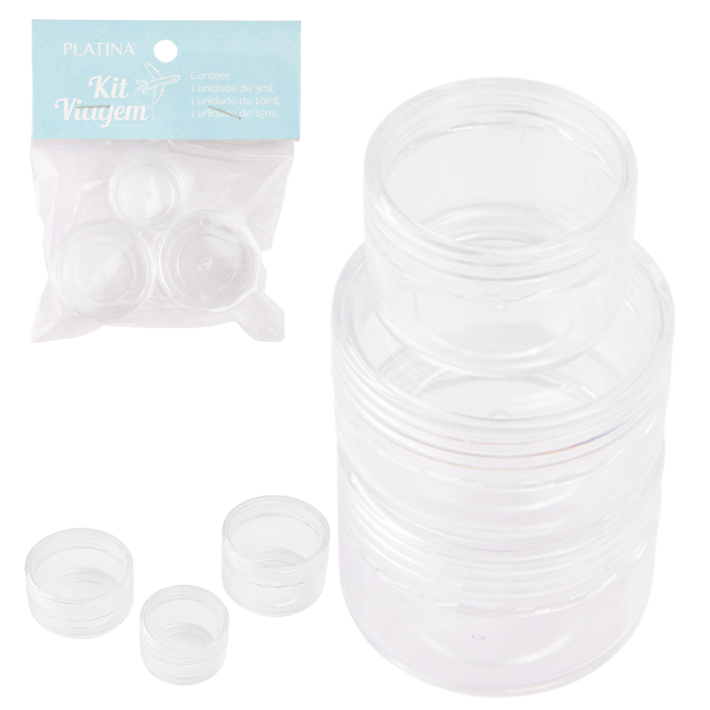 KIT VIAGEM MINI POTE PORTA CREME DE PLASTICO PLATINA COM 3 PEçAS 5X10X15ML 