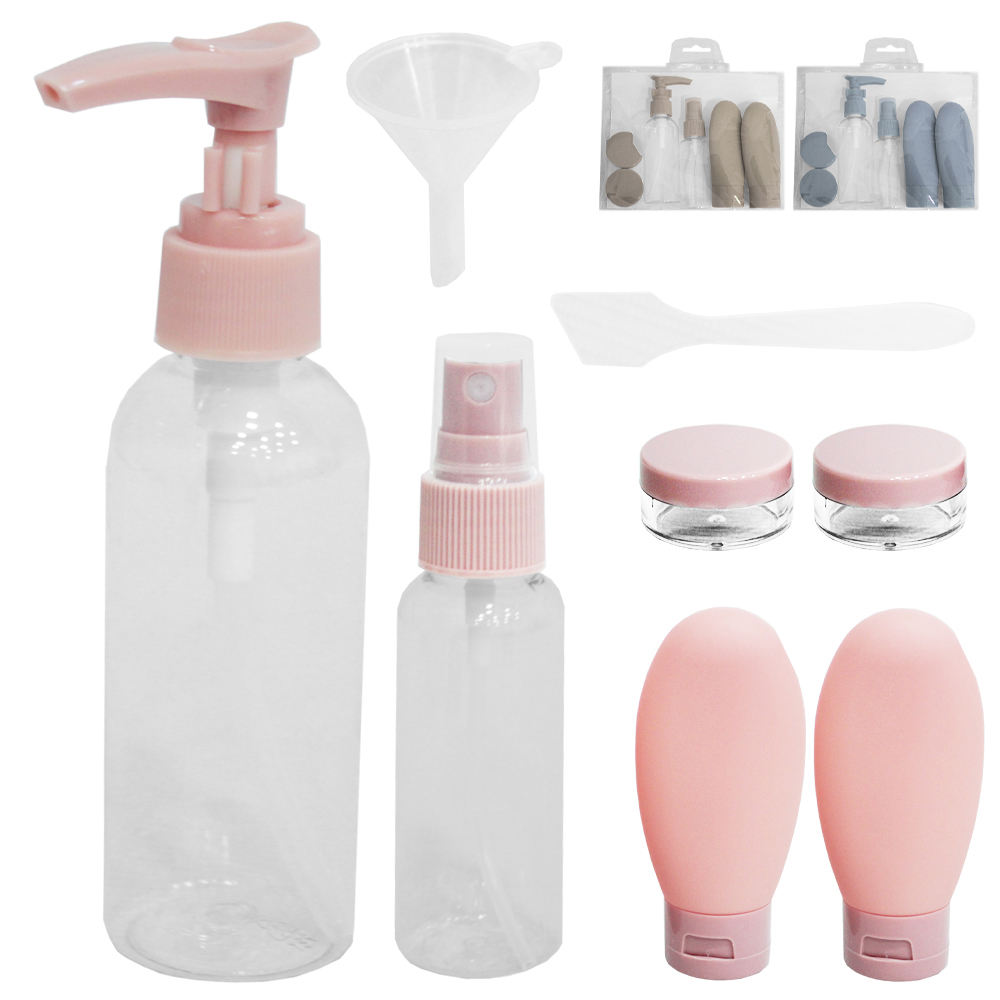 KIT FRASCO DE PLASTICO PARA VIAGEM + MINI POTE PORTA CREME E FUNIL 8 PECAS NA BOLSA