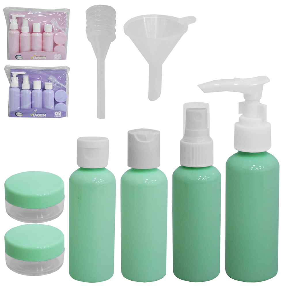 KIT FRASCO DE PLASTICO PARA VIAGEM + MINI POTE PORTA CREME E FUNIL 8 PECAS NA BOLSA