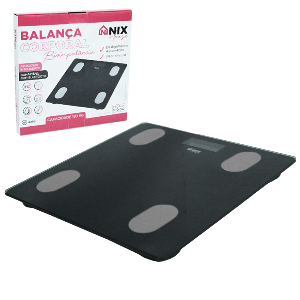 BALANCA DE PISO DIGITAL DE VIDRO QUADRADA BIOIMPEDANCIA COM BLUETOOTH PREMIUM 180KG A PILHA  