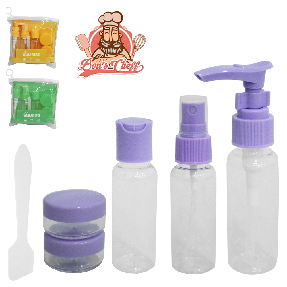 KIT FRASCO DE PLASTICO PET PARA VIAGEM + MINI POTE PORTA CREME 6 PECAS NA BOLSA