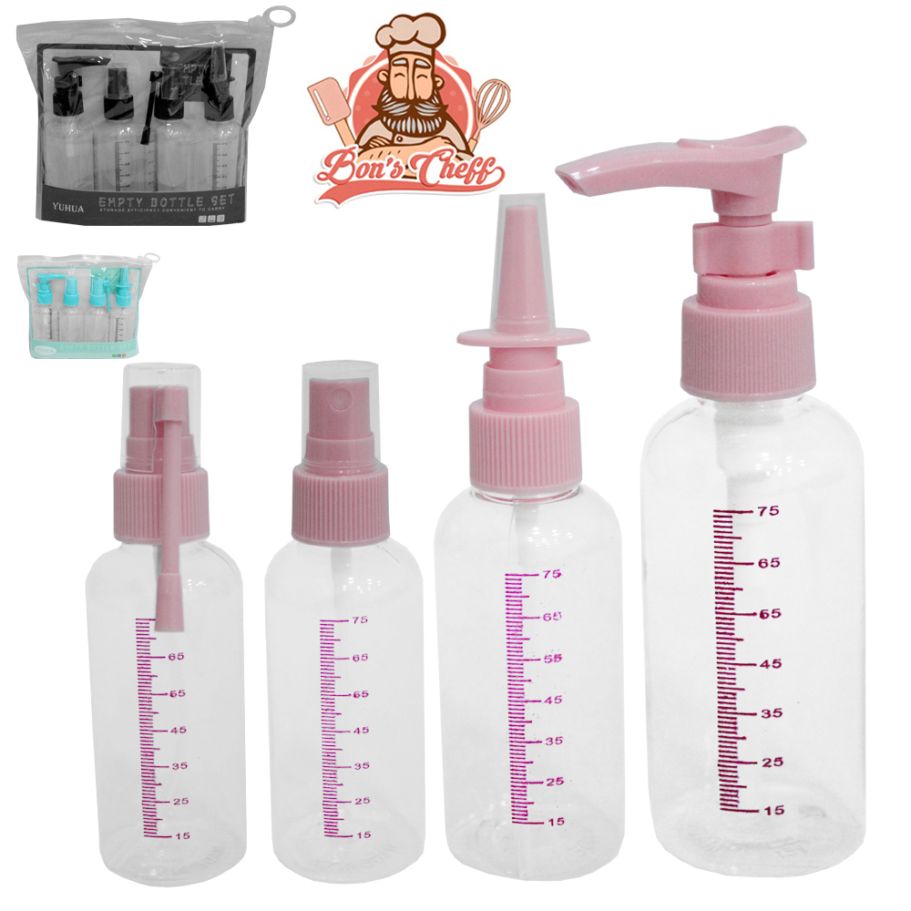 KIT FRASCO DE PLASTICO PET PARA VIAGEM GRADUADO COM 4 PECAS 85ML NA BOLSA