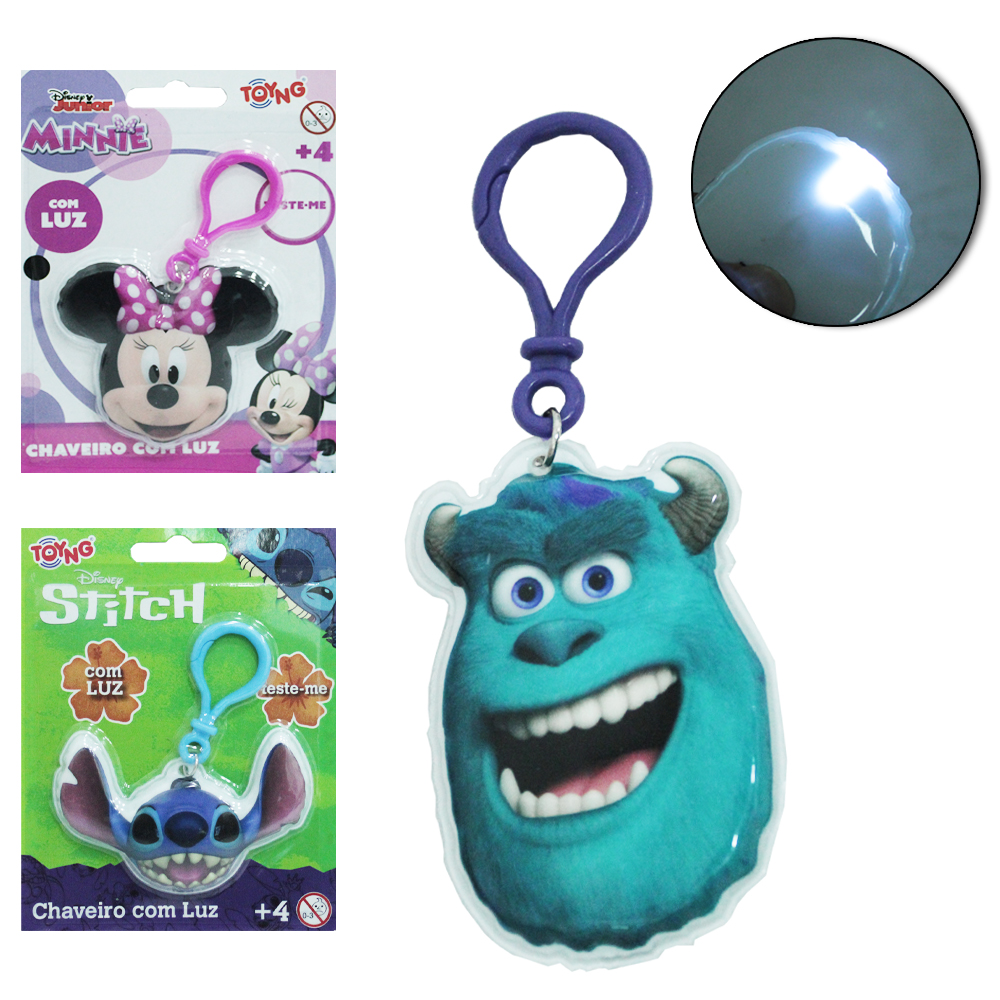 CHAVEIRO COM LUZ + MOSQUETAO MINNIE / MONSTROS / STITCH / TOY STORY A BATERIA