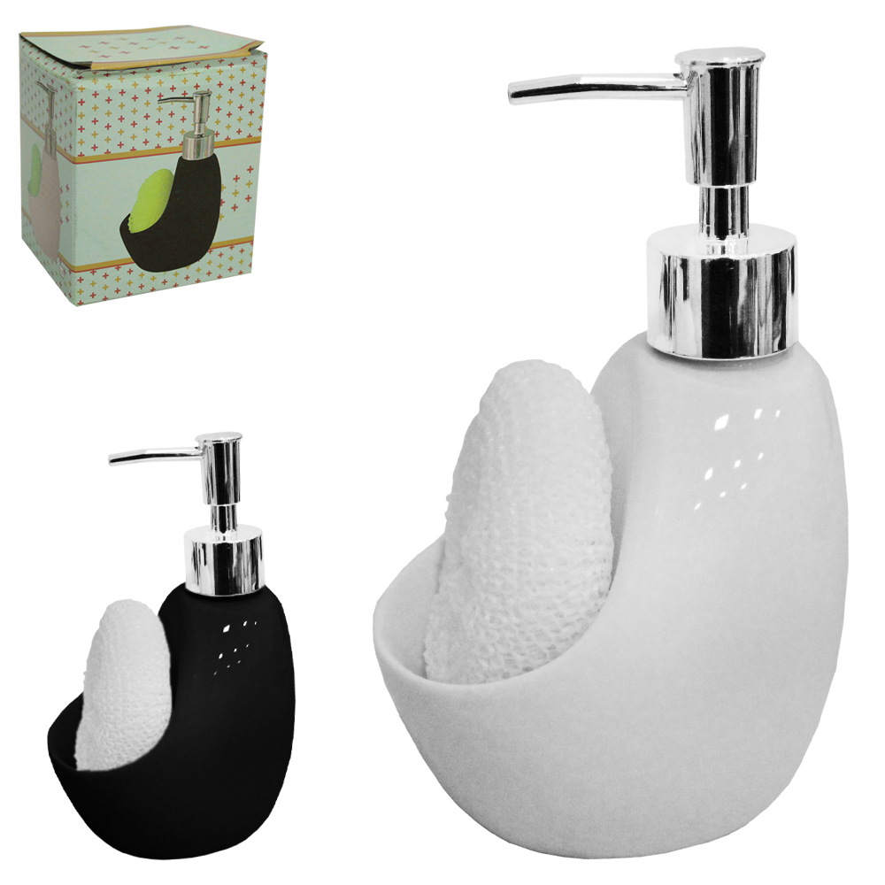 DISPENSER PORTA DETERGENTE DE PORCELANA 370ML + ESPONJA PRETO / BRANCO 16X11X8CM