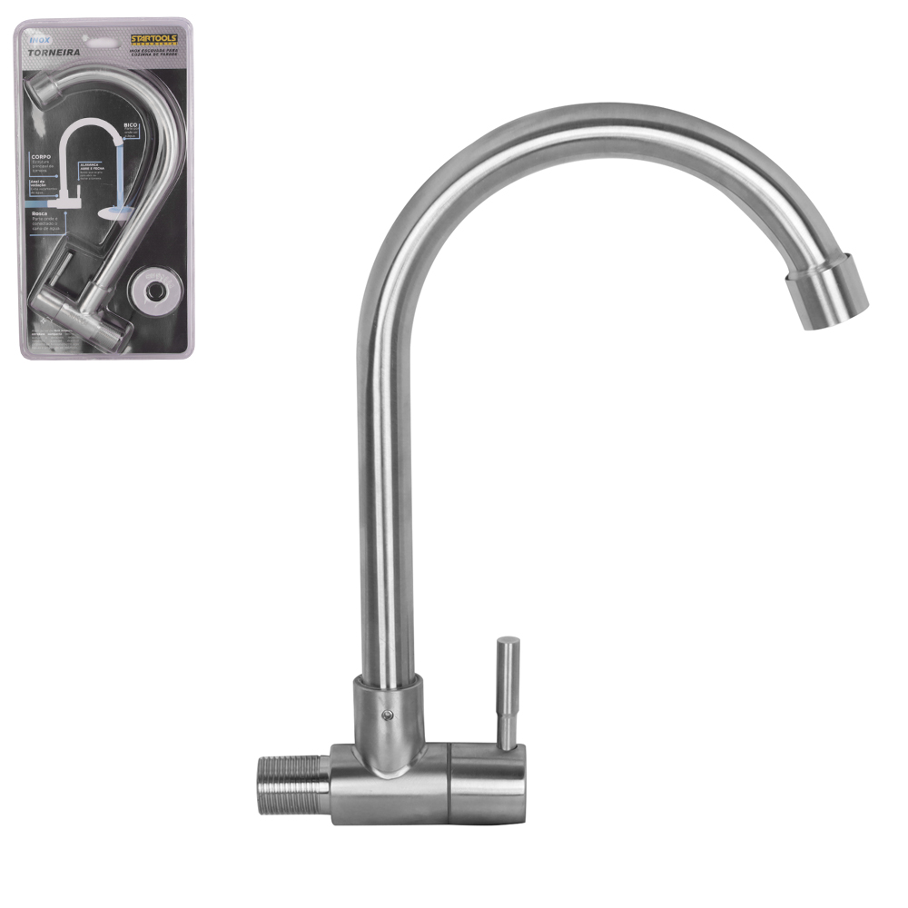 TORNEIRA DE INOX ESCOVADA GIRATORIA PARA COZINHA DE PAREDE COM ANEL DE VEDACAO 24,5X9X2,5CM