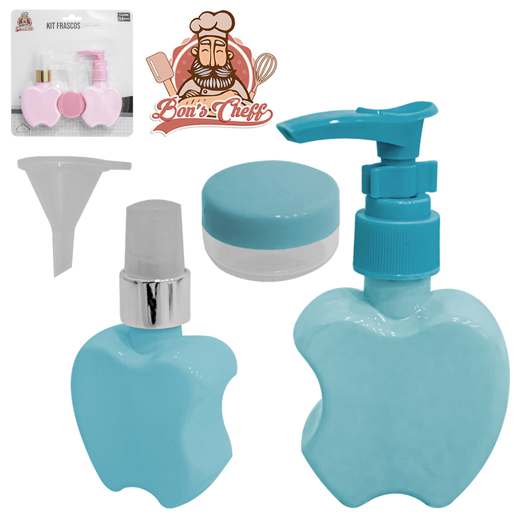 KIT FRASCO DE PLASTICO PET MACA PARA VIAGEM + MINI POTE PORTA CREME 4 PECAS 