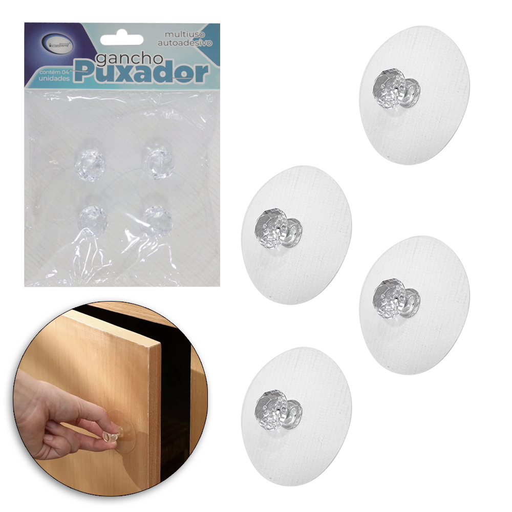 PUXADOR MULTIUSO PARA MOVEIS / CABIDE GANCHO DE ACRILICO REDONDO AUTOADESIVO TRANSPARENTE COM 4 PECAS 6,8CM DE Ø