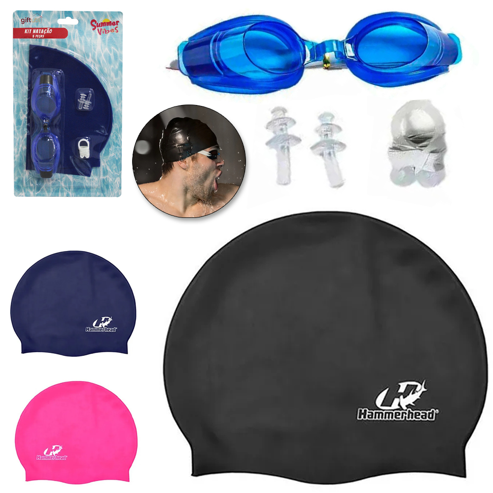 OCULOS DE NATACAO COM TOUCA DE SILICONE + PROTETOR DE OUVIDO E NASAL SUMMER VIBES