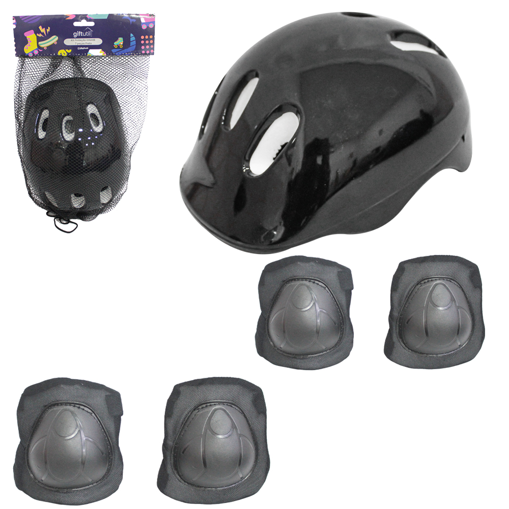 KIT PROTECAO INFANTIL PRETO COM CAPACETE + 2 COTOVELEIRAS + 2 JOELHEIRAS E 2 PROTETORES DE PULSO