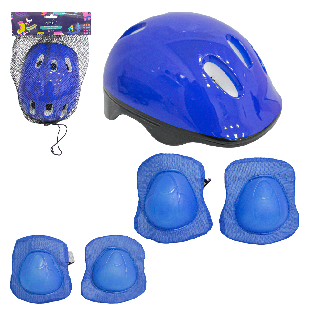 KIT PROTECAO INFANTIL AZUL COM CAPACETE + 2 COTOVELEIRAS + 2 JOELHEIRAS E 2 PROTETORES DE PULSO