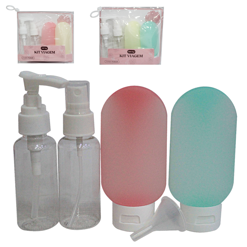 KIT FRASCO DE PLASTICO PARA VIAGEM COM FUNIL VERSY 5 PECAS 70 / 60ML NA BOLSA