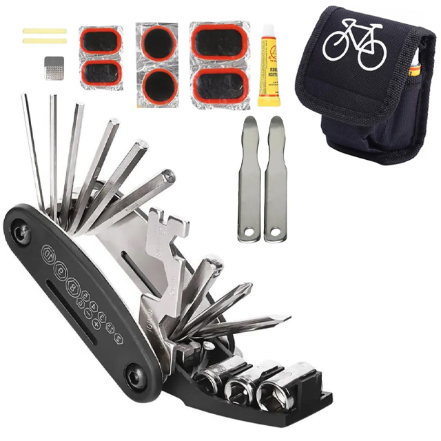 KIT REPARO PARA PNEU DE BICICLETA COM JOGO CHAVE ALLEN TIPO CANIVETE + ACESSORIOS 16 PECAS NO ESTOJO