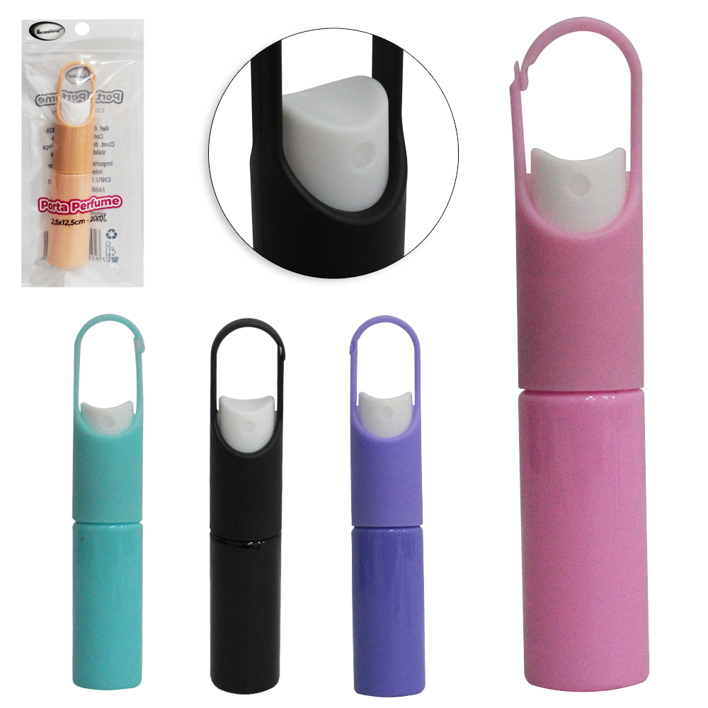 FRASCO SPRAY DE PLASTICO PARA PERFUME COM TAMPA MOSQUETAO 20ML 12,5X2,5CM