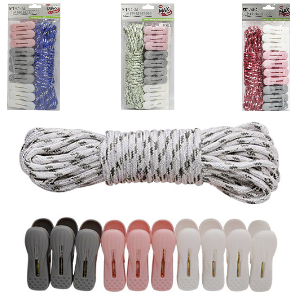 PRENDEDOR DE ROUPA DE PLASTICO COLORS COM 10 PECAS 6X1,9CM + CORDA DE VARAL 10M MAX CLEAN
