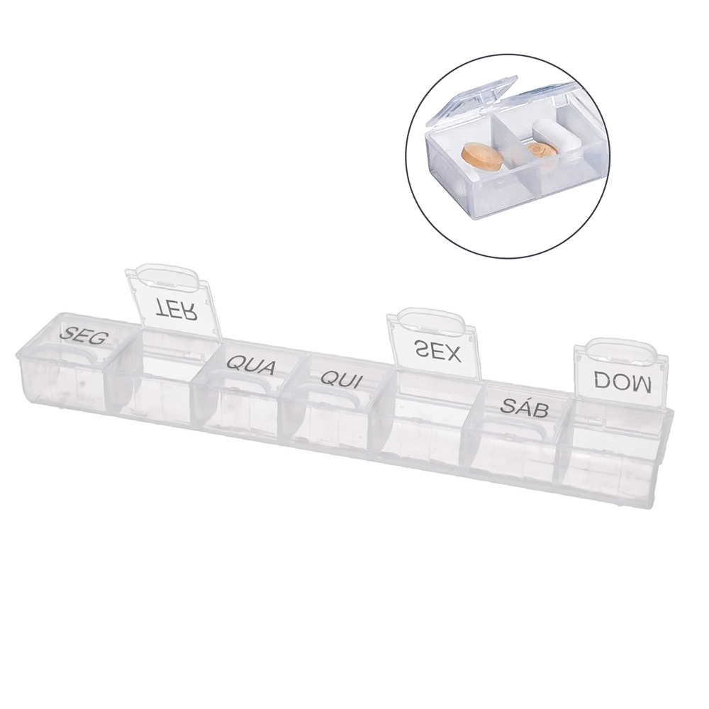 PORTA COMPRIMIDO DE PLASTICO RETANGULAR SEMANAL COM 7 COMPARTIMENTOS 21,5X3,5X2,5CM