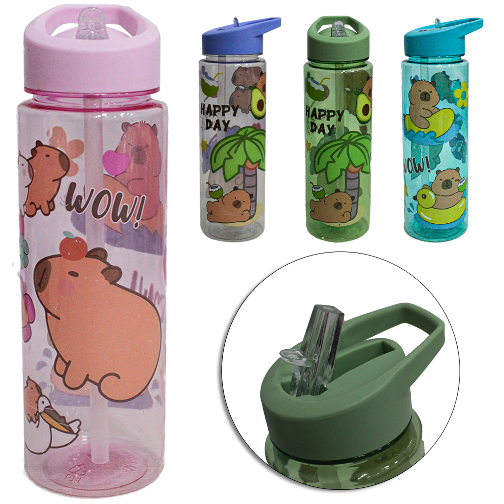 GARRAFA SQUEEZE DE PLASTICO PET CAPIVARA COM CANUDO + TAMPA FLIP TOP E ALCA TRANSCOLOR 800ML