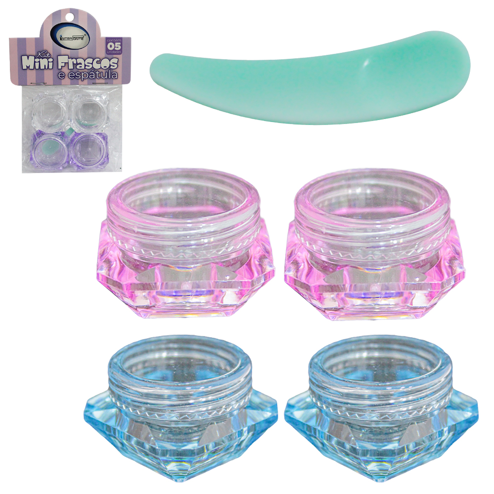 KIT VIAGEM MINI FRASCO POTE PORTA CREME DE ACRILICO + ESPATULA 5 PECAS