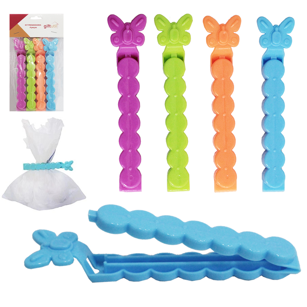 PRENDEDOR LACRA VEDA EMBALAGEM DE PLASTICO BORBOLETA MULTIUSO COLORS COM 4 PECAS 12X2,5CM